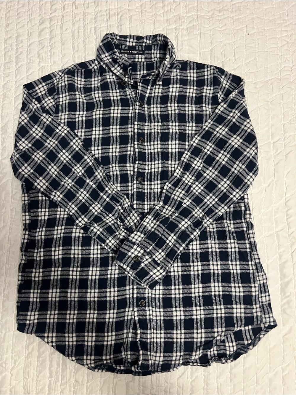 Brandy Melville Navy and White Plaid Flannel Button-Up Shirt